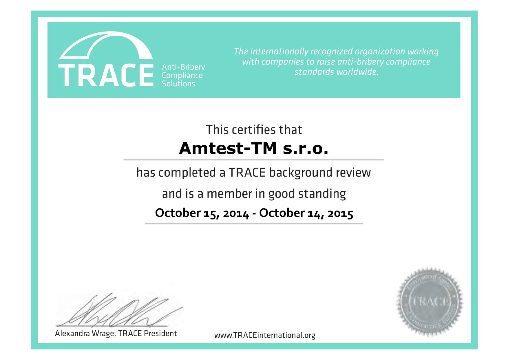Certifikát TRACE - Amtest-TM